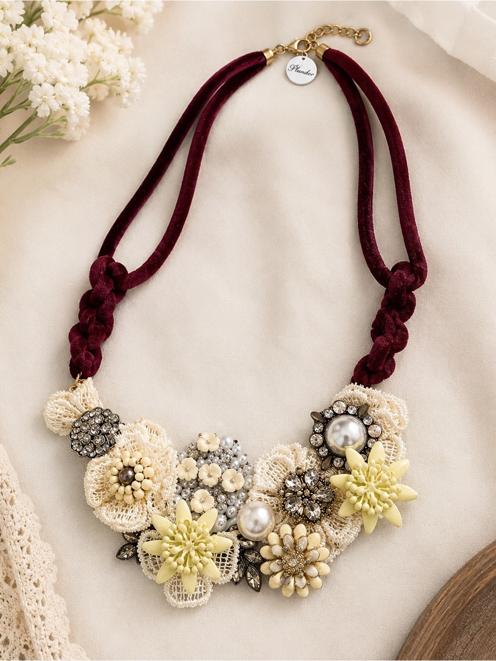 Plunder Cream & Burgundy Floral Statement Necklace